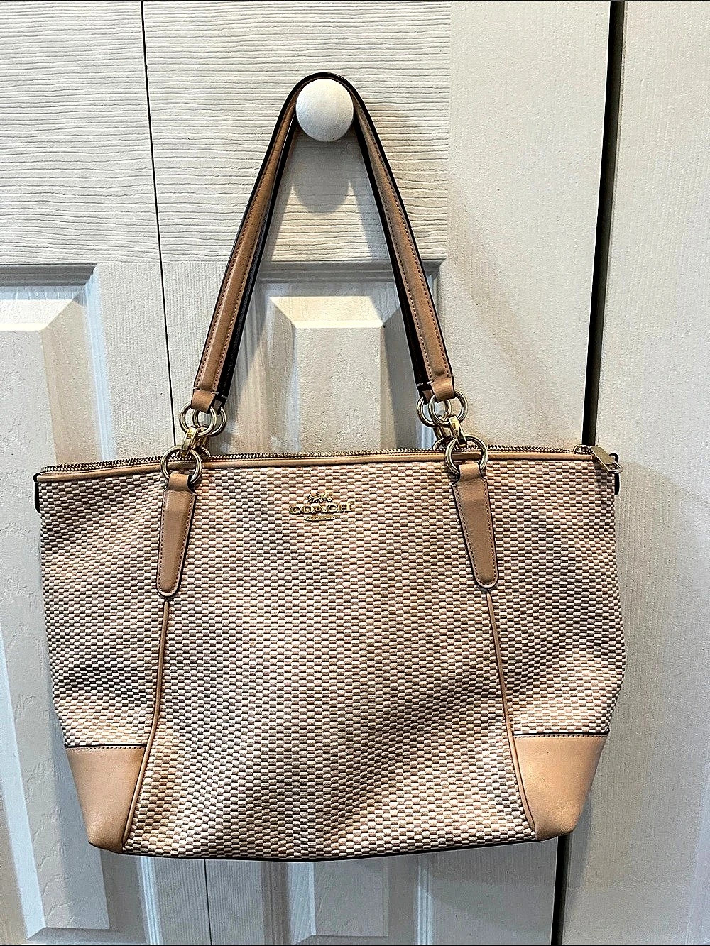 Coach Woven Tote in Tan & Brown